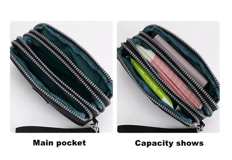 Solid Color Coin Purse Women Handbag Small Wallet Wrinkle Fabric Phone Purse Three Zippers Portable Make Up Bag.