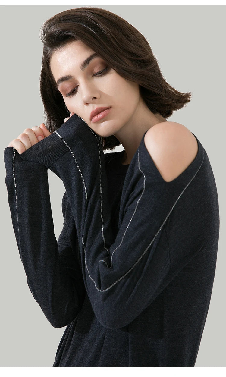 100% Wool Pullover Off  shoulder thin loose top Sweater For Women Ladies autumn Cloths luxury Women's Clothing.