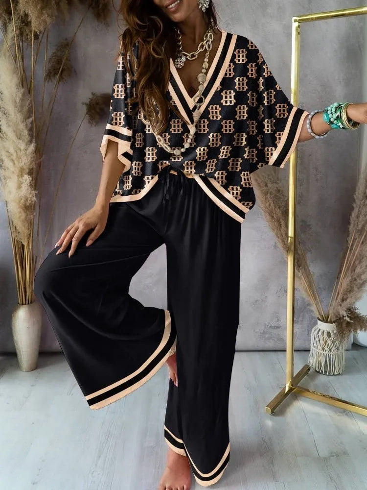 Sexy V Neck Midi Sleeve Shirt Pants Set Spring Summer Fashion Print Blouse Solid Trousers Two Piece Sets For Women Outfit 2024.