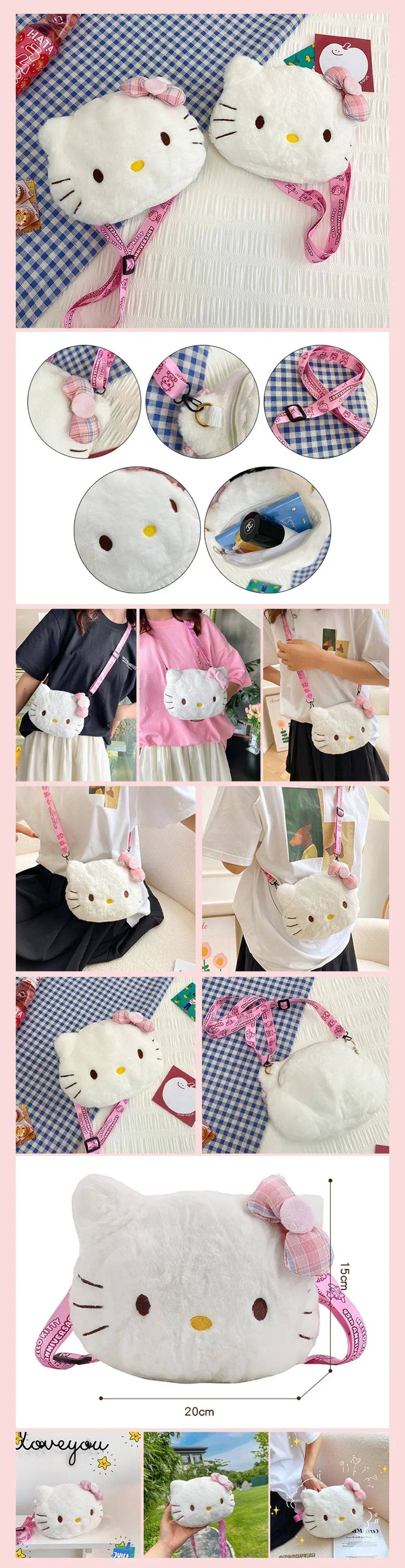 Women Girl Sanrio Hello Kitty Mini Shoulder Bag Kawaii Cartoon Messenger Plush Earphone Bag Girl Kids Cute Luxury Designer 2024.