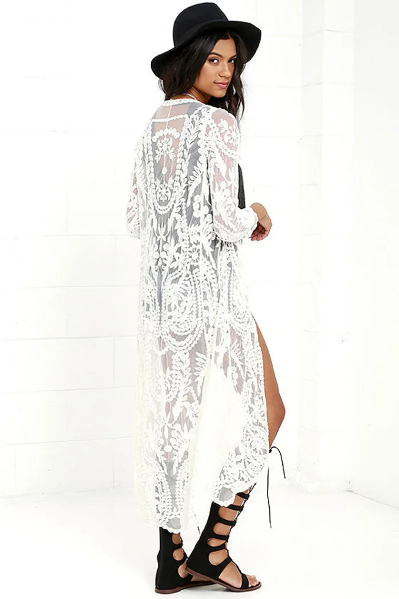 Fitshinling Bohemian White Beach Cover-Up Swimwear Sarong Embroidery Lace Kimono Sexy Transparent Long Cardigan Saida de Praia.