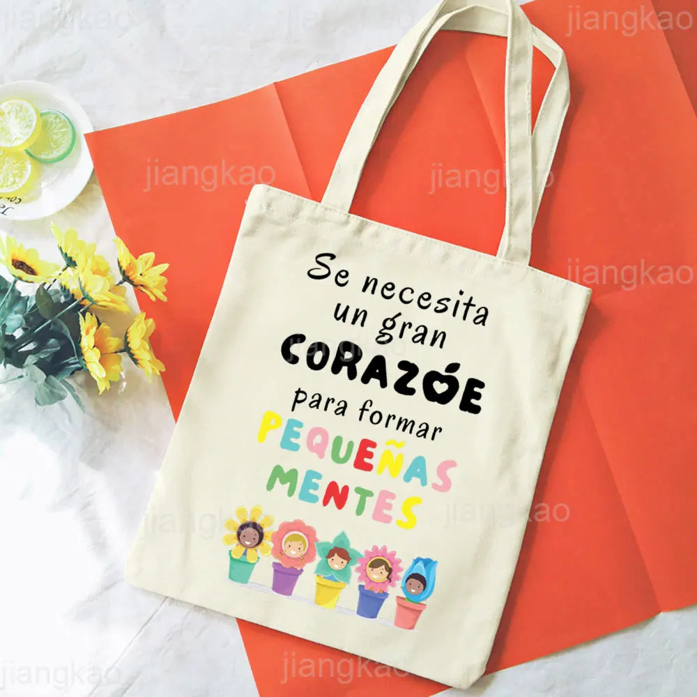 It's Takes A Big Heart To Shape Little Minds Spanish Print Shoulder Bag Female Shopping Tote Travel Handbag Bookbag Teacher Gift.