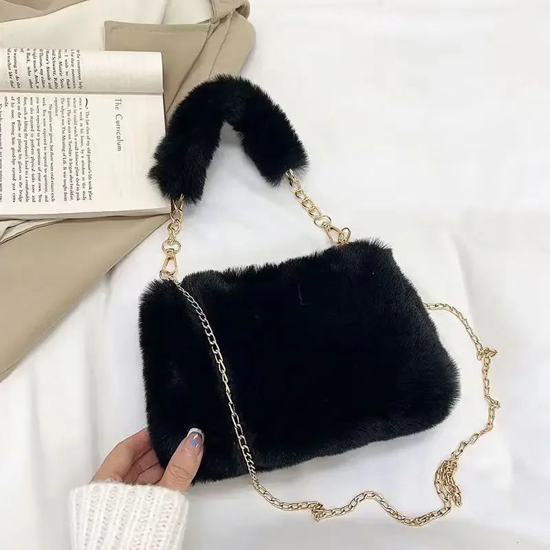 Plush Handbag Women'S New Eco-Friendly Fur Furry Mini Handbag Korean Fashion Plush Crossbody Bag Square Bag.