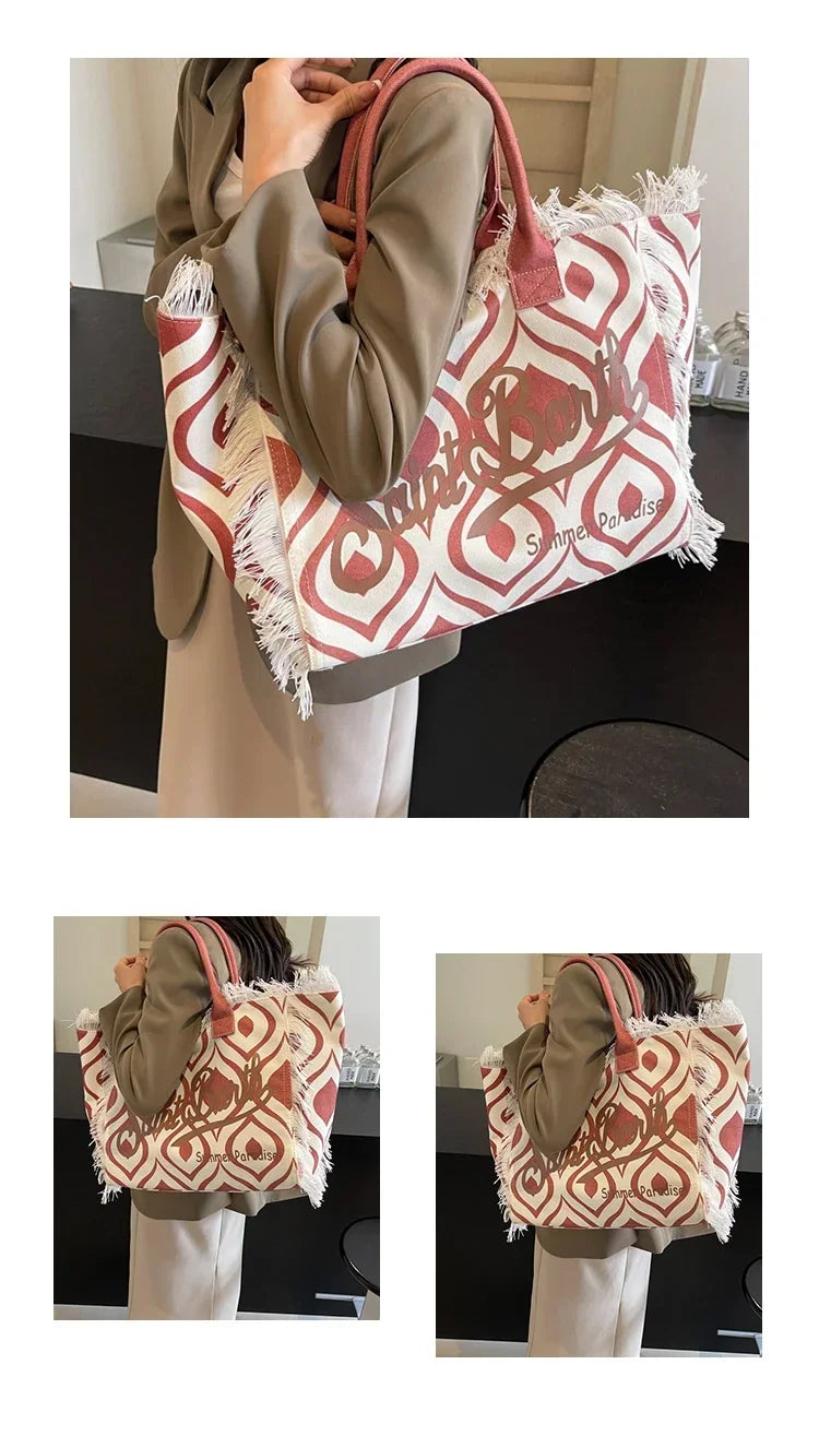 Popular Korean letters tassel canvas bag large-capacity bag simple commuting students to single shoulder Tote bag - Elevate Your Body