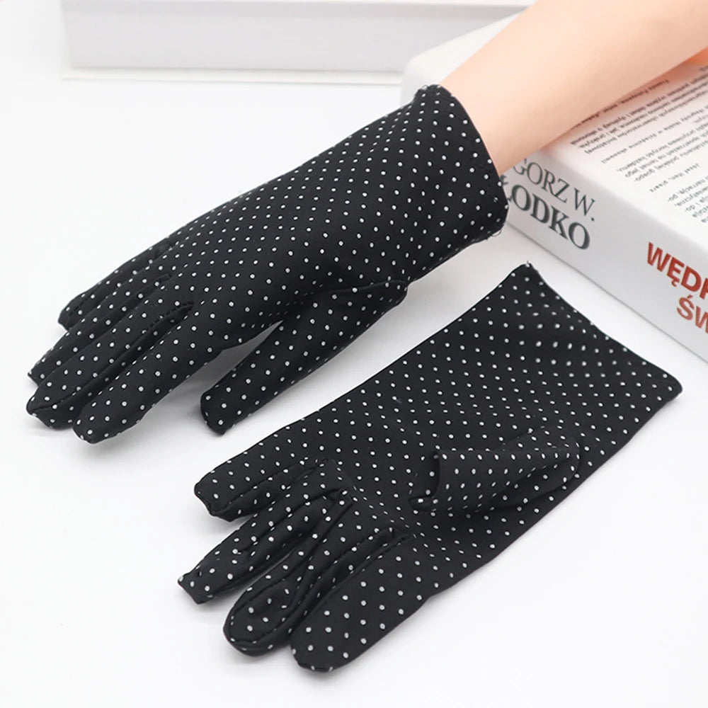 Fashionable Women's Spandex Driving Gloves for Summer Sunscreen Protection with Dots Design.