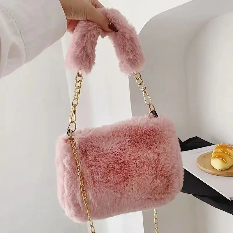 Plush Handbag Women'S New Eco-Friendly Fur Furry Mini Handbag Korean Fashion Plush Crossbody Bag Square Bag.