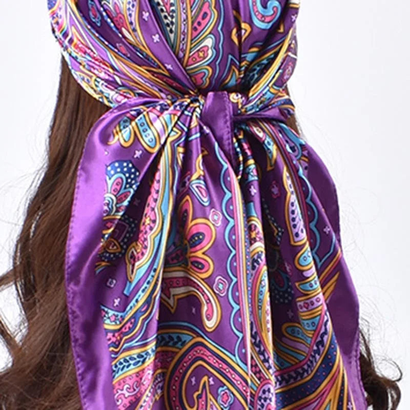 Versatile Cashew Satin Large Square Scarf with Fashion Stripes for Women - Trendy and Personalized Design.