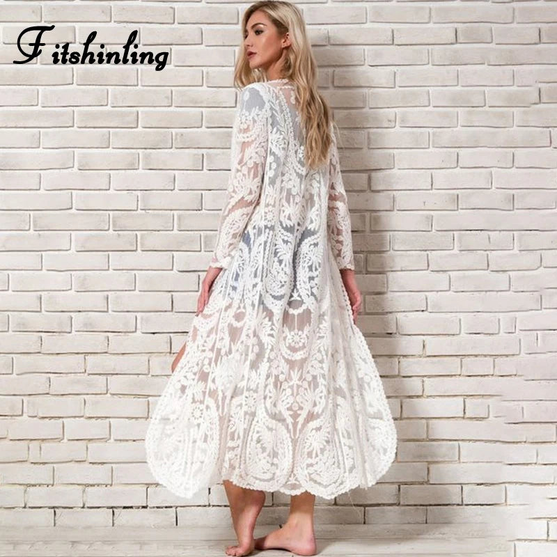 Fitshinling Bohemian White Beach Cover-Up Swimwear Sarong Embroidery Lace Kimono Sexy Transparent Long Cardigan Saida de Praia.