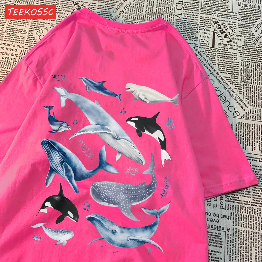 Fashion Cotton Women'S T-Shirts Ocean And Whales Printing Tops Oversize O-Neck Soft Short Sleeve Summer Casual Female Clothes.