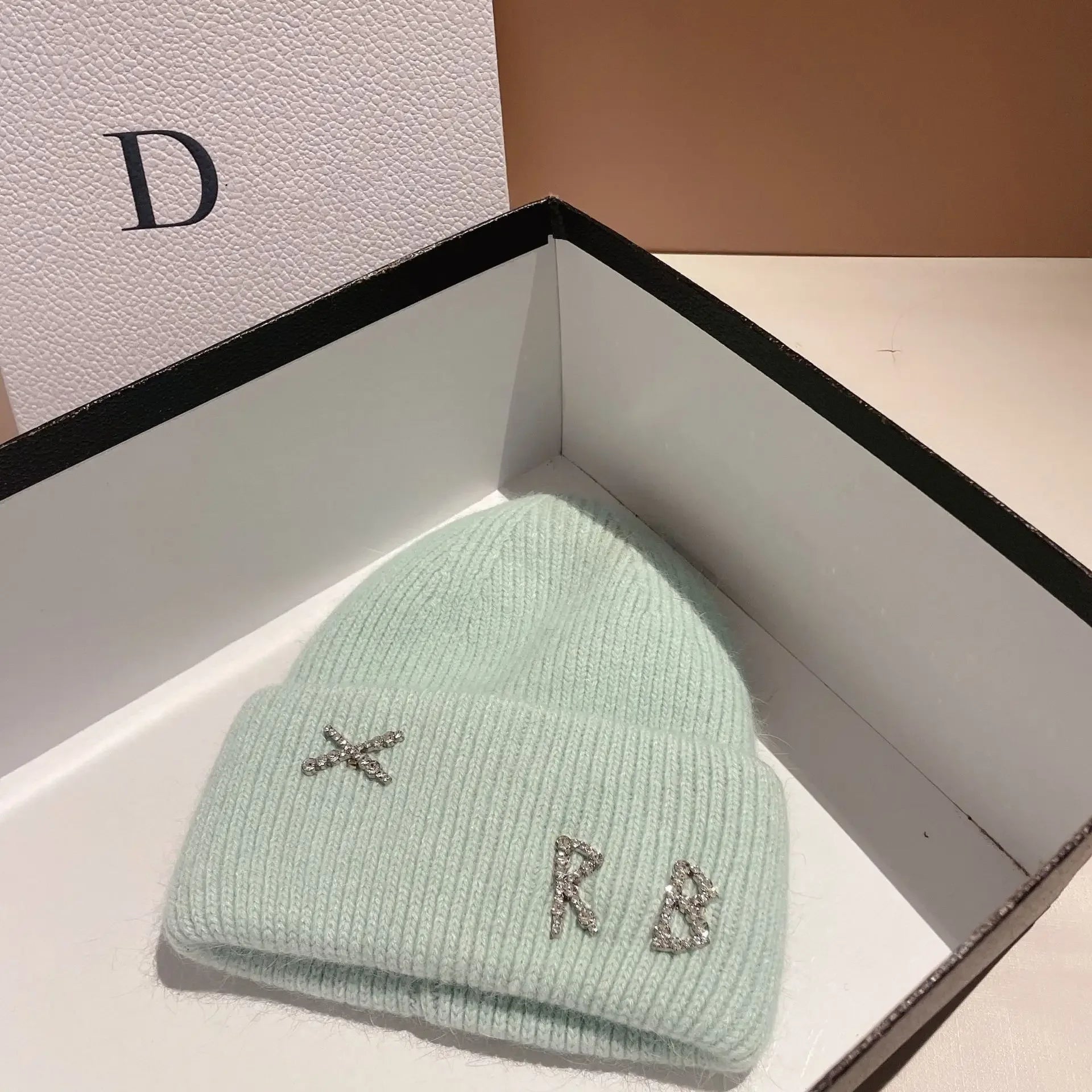 Luxury Rabbit Fur Beanie with Diamond Letters for Women - Cozy Winter Knitted Hat for Casual Outdoor Activities.