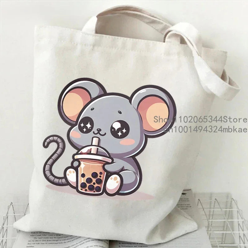 Cute Mouse Bobo Tea Pattern Canvas Shoulder Bag Women Animal Milk Tea Graphic Tote Bags Panda Frog Cartoon Women Shopping Purse.