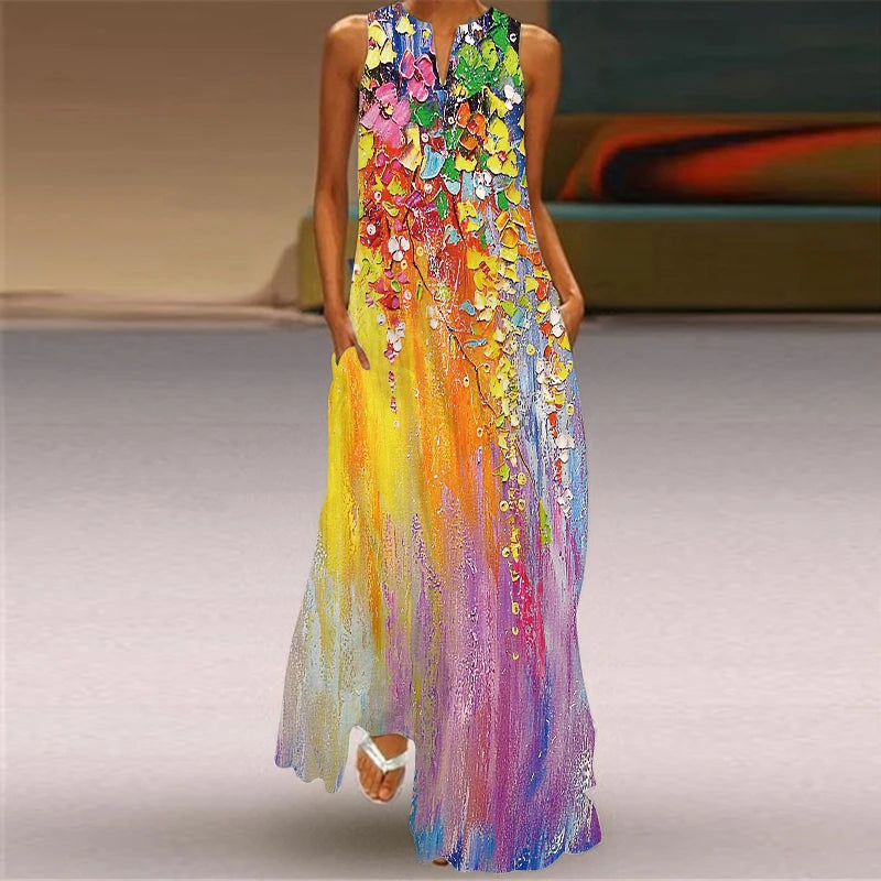 2024 New European and American Cross border Summer Long Dress Women's Sleeveless V-neck Printed Sexy.