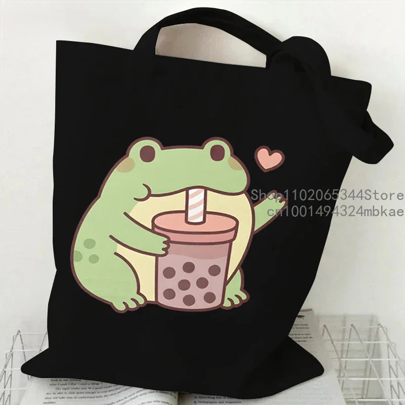 Cute Mouse Bobo Tea Pattern Canvas Shoulder Bag Women Animal Milk Tea Graphic Tote Bags Panda Frog Cartoon Women Shopping Purse.