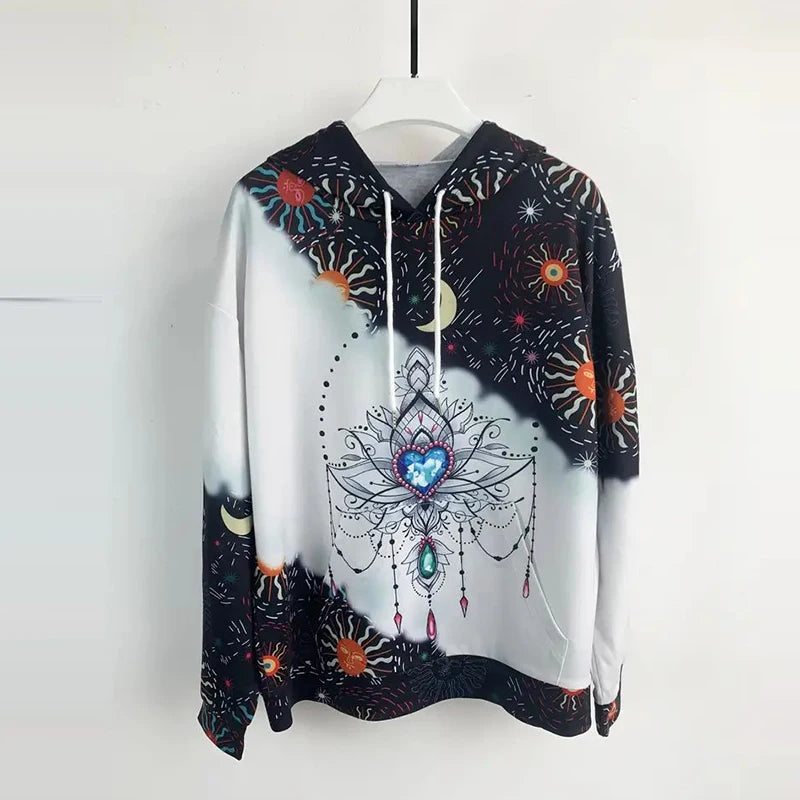 Moon Print Drawstring Hoodie Casual Long Sleeve Hooded Sweatshirt Women's Clothing - Elevate Your Body