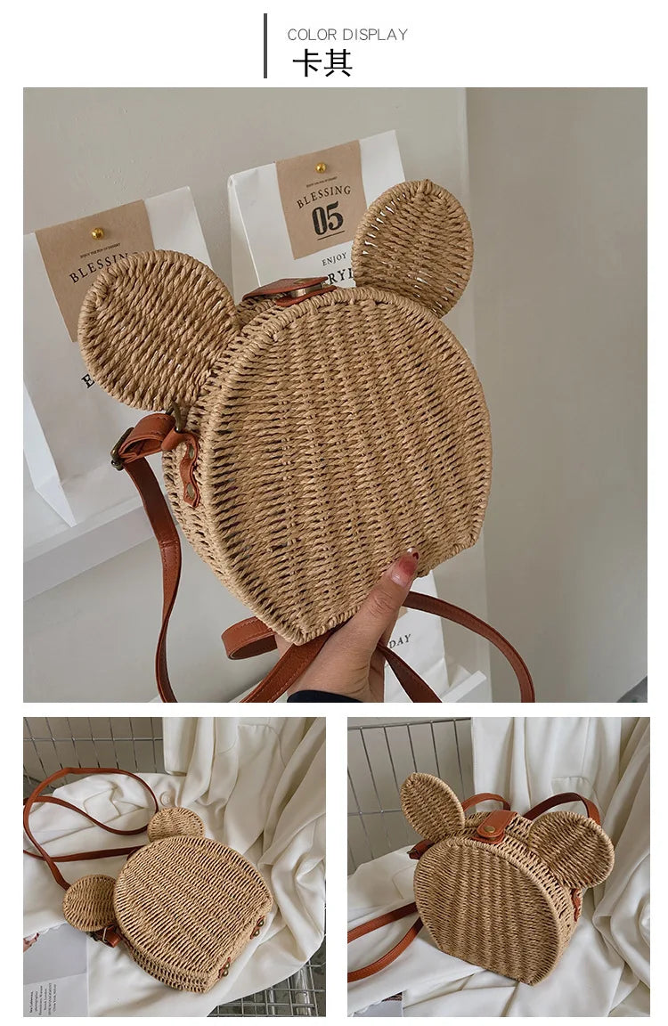 Disney 2023New Ladies Designer Straw Fancy Bag Cute Handbag Rattan Travel Leisure Vacation Small Round Beach Mickey Shoulder Bag.