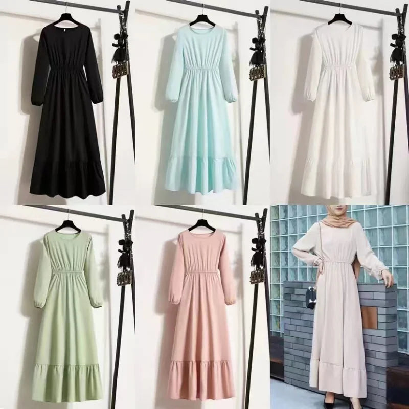 Spring Autumn Mujer Vestidos Solid Full Sleeve O-neck Casual Chiffon Dress Women Muslim Long Dress Solid Loose Maxi Dresses.