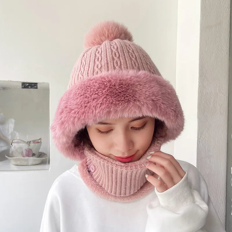 Cozy Women's Winter Knitted Beanie and Scarf Set with Plush Pompom and Fleece Lining for Ultimate Warmth and Neck Protection.