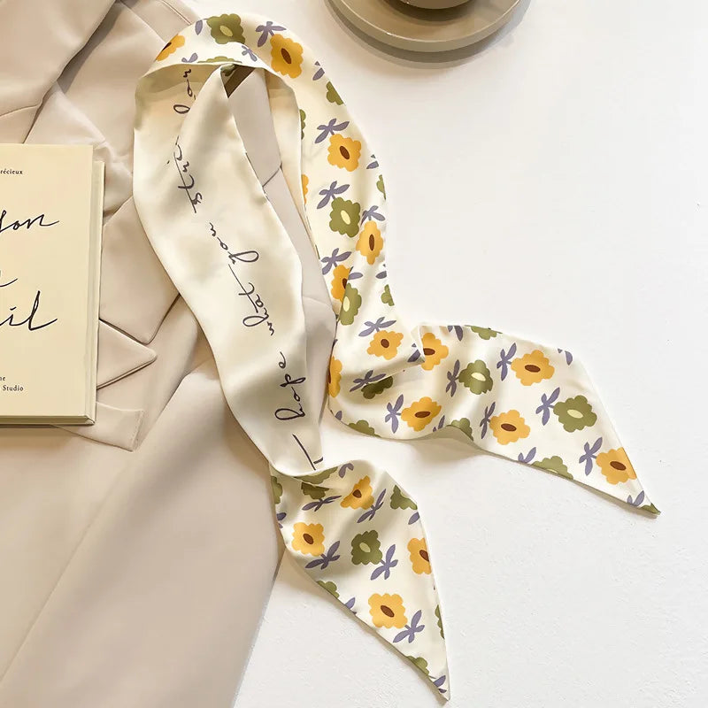 Elegant Yellow and White Silk Scarf for Women - Versatile Hair Tie and Bag Accessory for Spring and Summer.