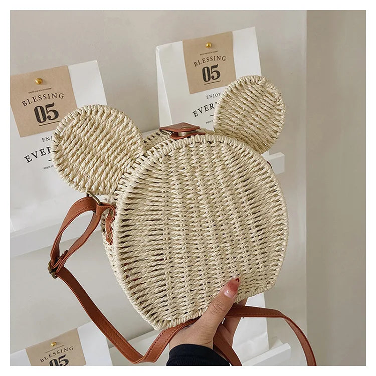 Disney 2023New Ladies Designer Straw Fancy Bag Cute Handbag Rattan Travel Leisure Vacation Small Round Beach Mickey Shoulder Bag.