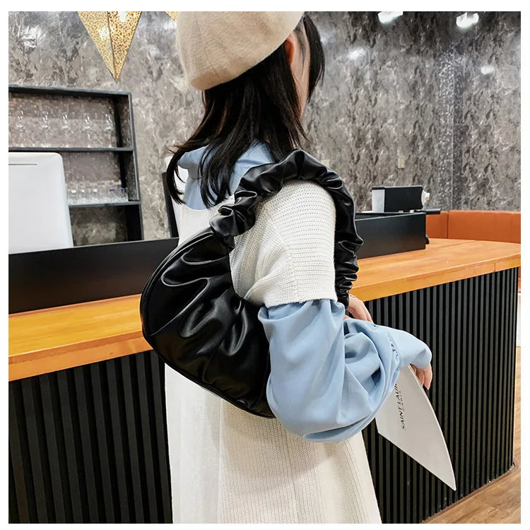 Fashion Pleated Handlebags for Women PU Cloud Bags Leisure Armpit Bag Shopping Shoulder Bags Dumpling Handbag Female Hand Bags