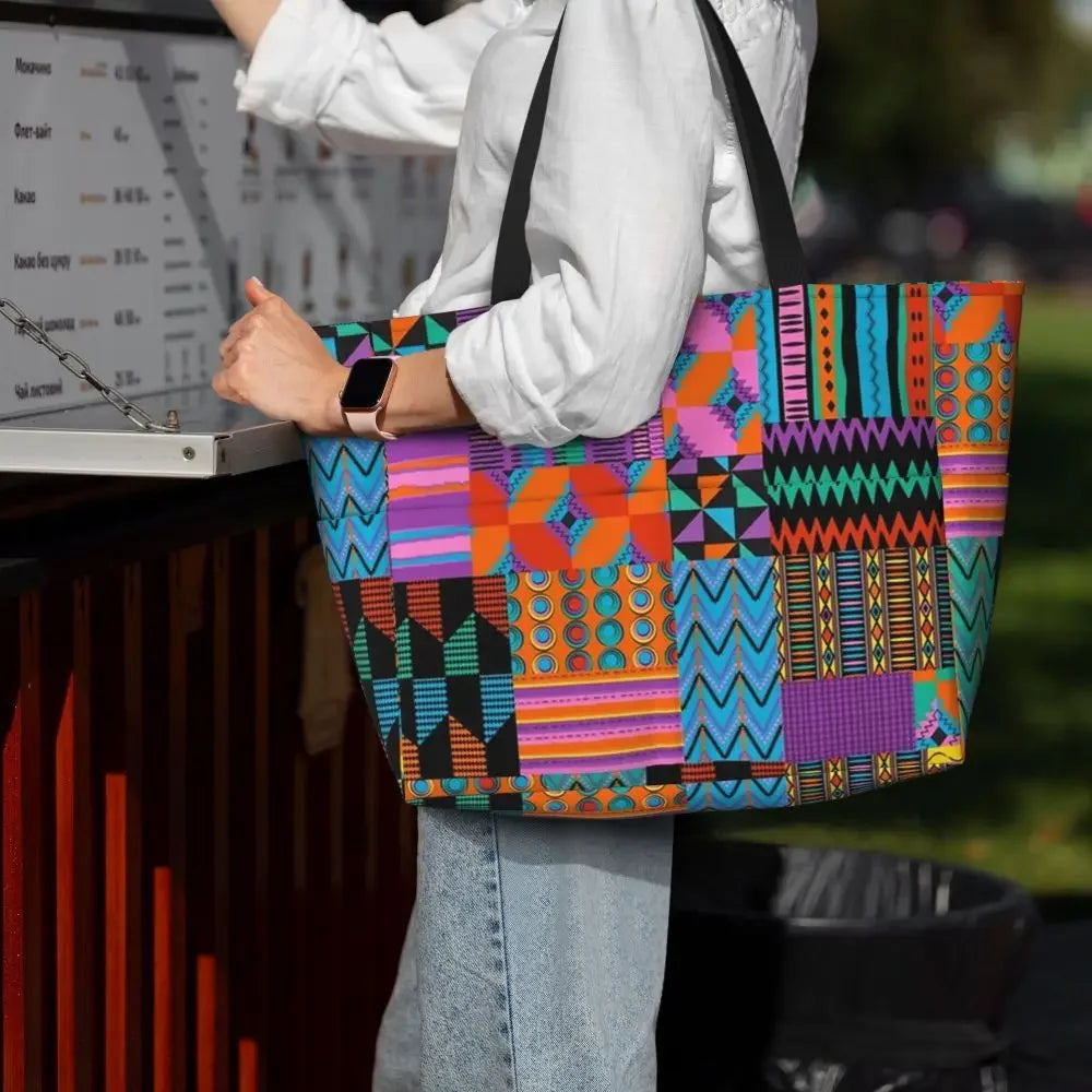 Custom African Kente Cloth Design Tote Bag for Women Large Capacity Traditional Africa Ethnic Ankara Beach Gym Travel Bags