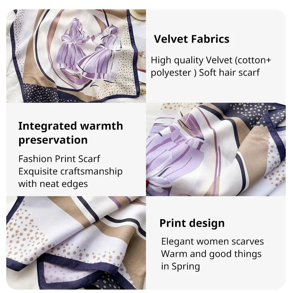 Luxurious Soft Velvet Printed Square Scarf for Women - Cotton Summer Hair Band and Stylish Neck Tie Foulard.