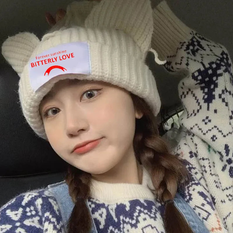 Adorable Cat Ear Knit Beanie for Women - Winter Warm Pig Ear Wool Cap - Kpop Style Hooded Hat.