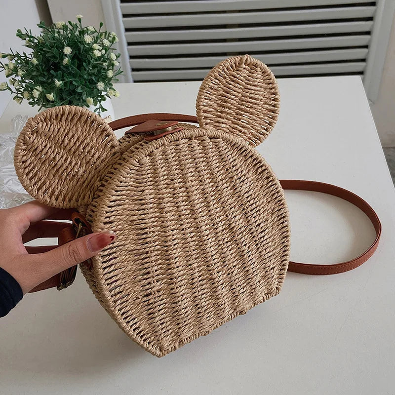 Disney 2023New Ladies Designer Straw Fancy Bag Cute Handbag Rattan Travel Leisure Vacation Small Round Beach Mickey Shoulder Bag.