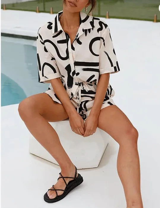 Casual Beach Holiday Loose Shirt Short Sets Bohemian Geometric Print Two Piece Set For Women Summer Outfits For Women 2023.