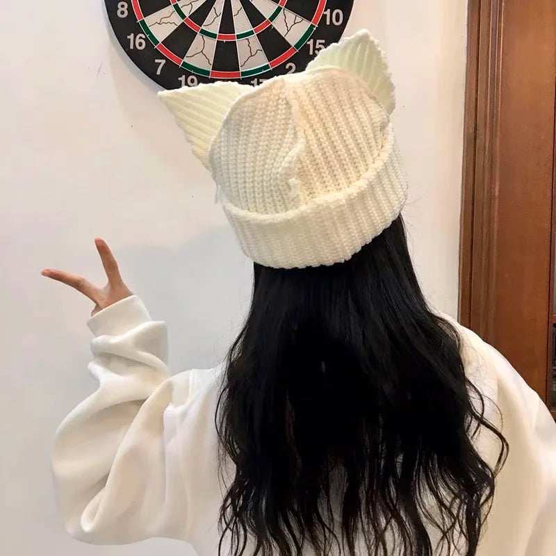 Adorable Cat Ear Knit Beanie for Women - Winter Warm Pig Ear Wool Cap - Kpop Style Hooded Hat.