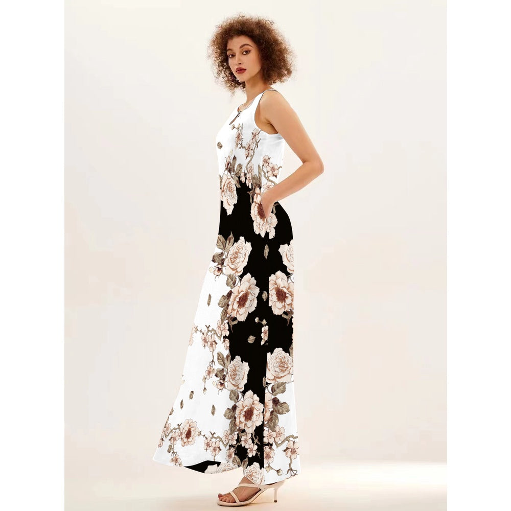 Flower Print New Casual Sleeveless Long Dress Women's V-Neck Printed Dress Swing Bohemian Retro Dresses - Elevate Your Body