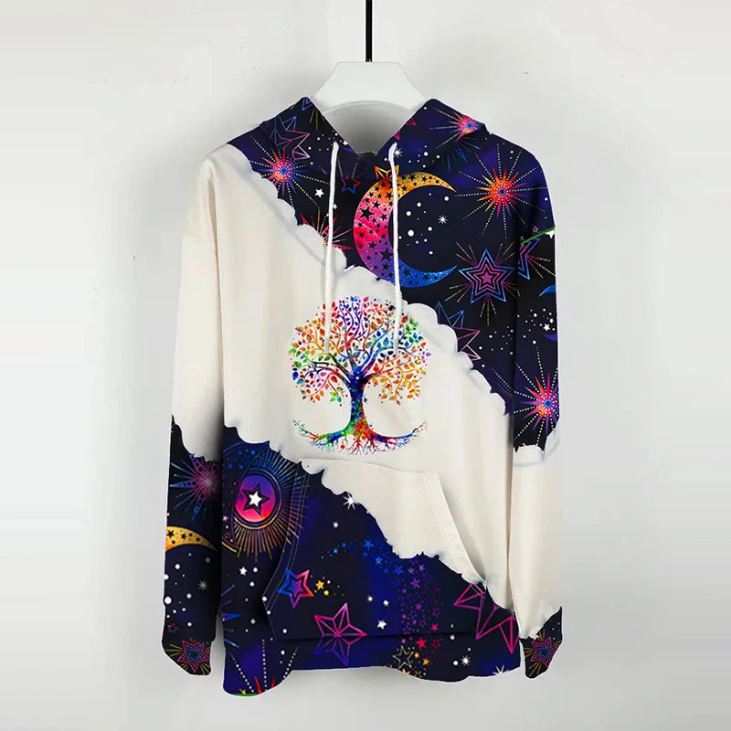 Moon Print Drawstring Hoodie Casual Long Sleeve Hooded Sweatshirt Women's Clothing - Elevate Your Body