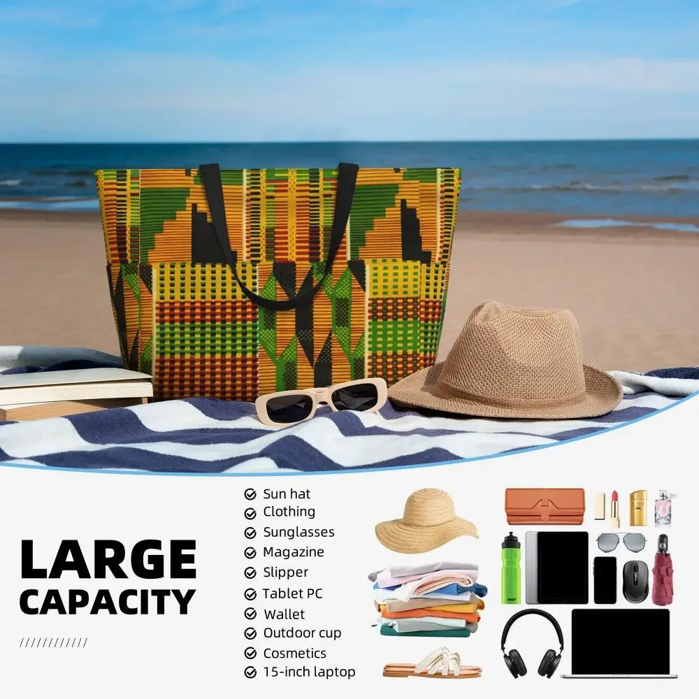 Custom African Kente Cloth Design Tote Bag for Women Large Capacity Traditional Africa Ethnic Ankara Beach Gym Travel Bags