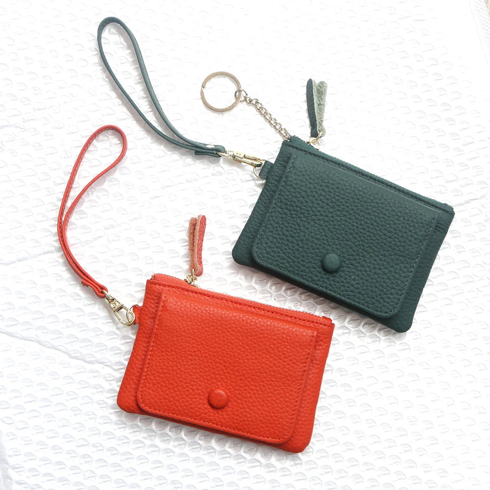 Custom Letters Women Coin Purse Genuine Leather Lady Keychain Card Holder Small Lanyard Wallet Personalize Name Zip Wristlet Bag - Elevate Your Body