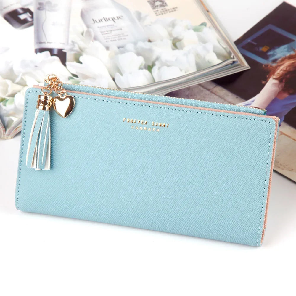 Women's Long Wallet,Multi Card slots Handheld Clutches,Tassel Zipper Clutch Purse,Slim Large Capacity Leather Mobile Phone Bag.