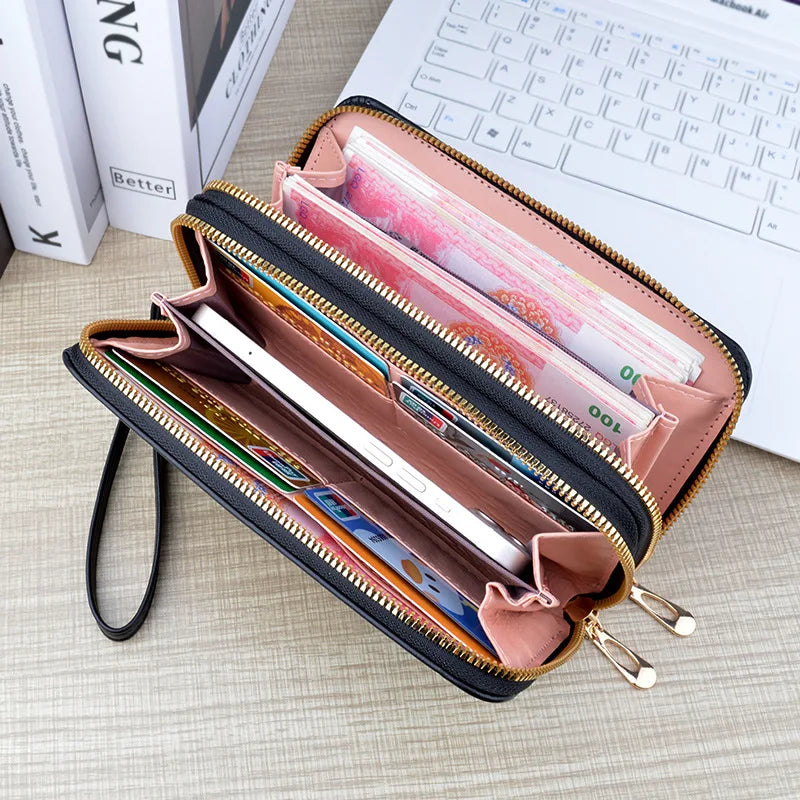 New Wallet Women's Long Double Zipper Large Capacity Handbag Mom's Fashion Simple Double Layer Wallet Mobile Case.