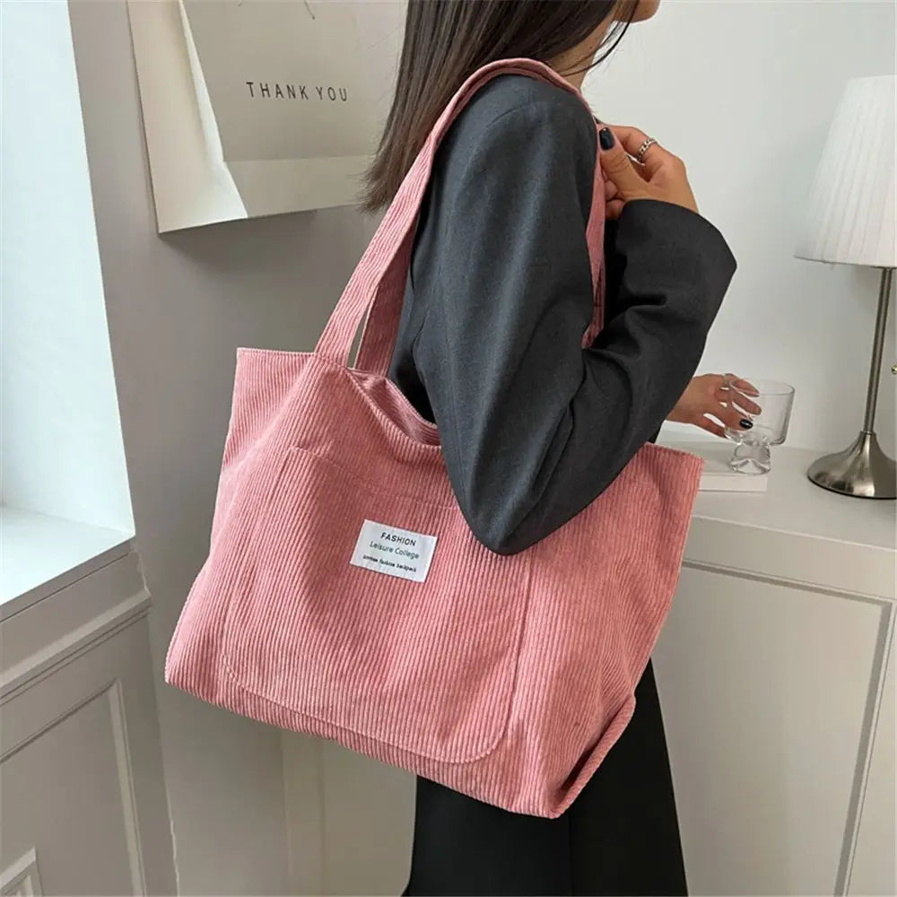 Autumn Winter Corduroy Totes Bag Women's Large Capacity Shoulder Bag Fashion Vintage Solid Color Handbags.