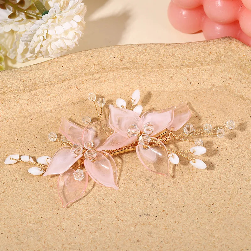 Pink Flower Hair Clips for Bride Wedding Hair Accessories Crystal Floral Hairpins Pearl Headpiece for Women Party Hair Jewelry.