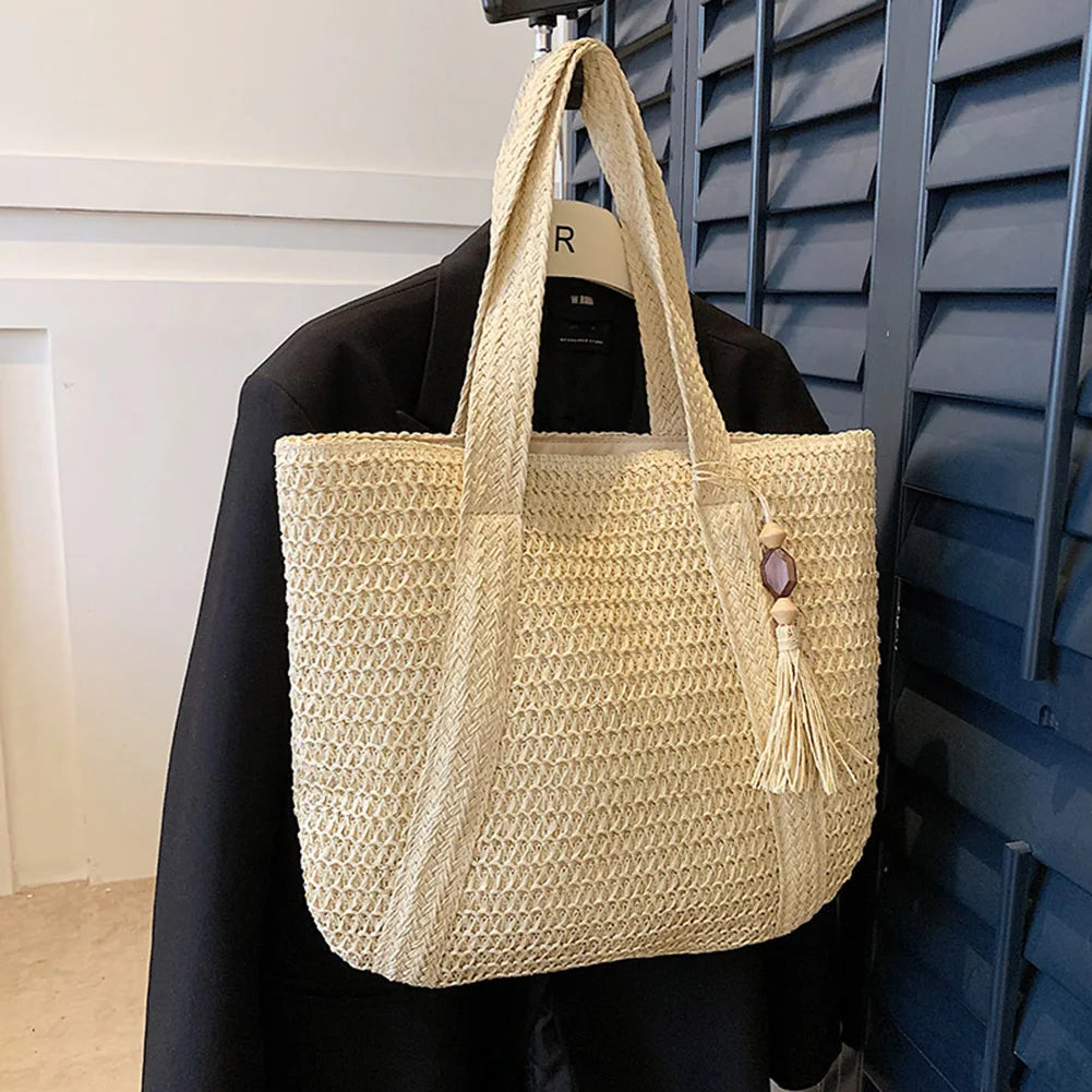 Summer Straw Women Bag Hand-Woven Handbags Handmade Raffia Beach Boho Shoulder Bag Large Tote Bag Tassel Shopping Purses 2024