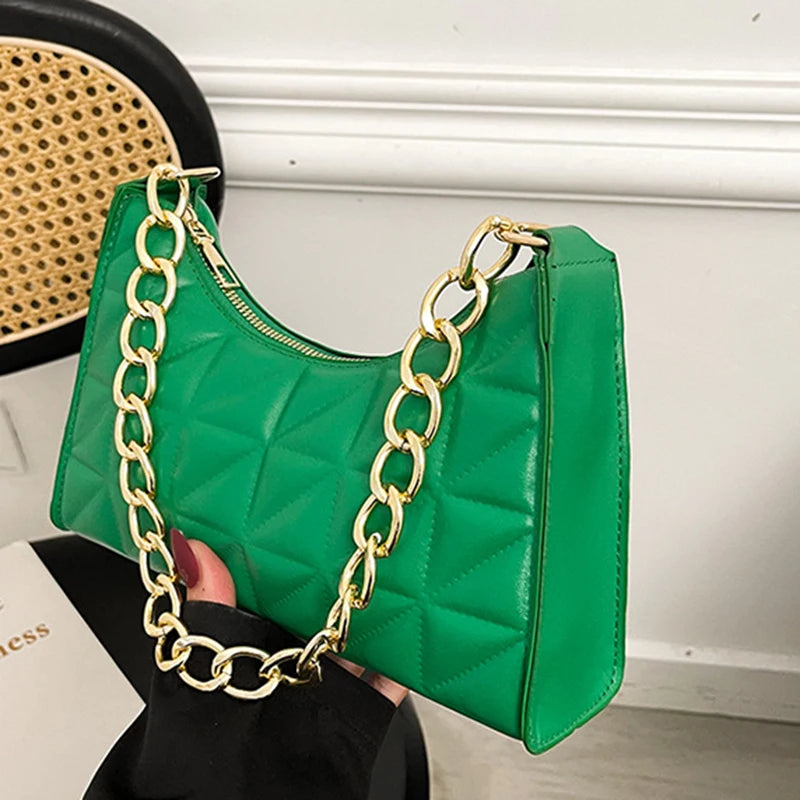 100% Polyurethane Solid Color Stitching Underarm Bag Chain One-shoulder WOMEN'S Bag