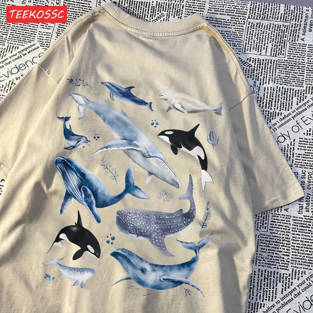 Fashion Cotton Women'S T-Shirts Ocean And Whales Printing Tops Oversize O-Neck Soft Short Sleeve Summer Casual Female Clothes.