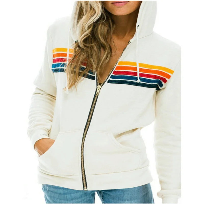 2025 Women Men Zipper Rainbow Long Sleeve Hooded Sweatershirt Harajuku Elastic Hip Hop 5 Stripe Hoodies Jacket.