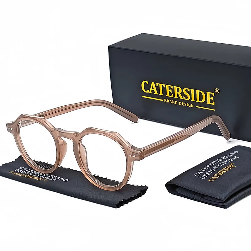 Caterside Retro Acetate Polygon Glasses for Men and Women - High-Quality Transparent Lens Business Eyewear.