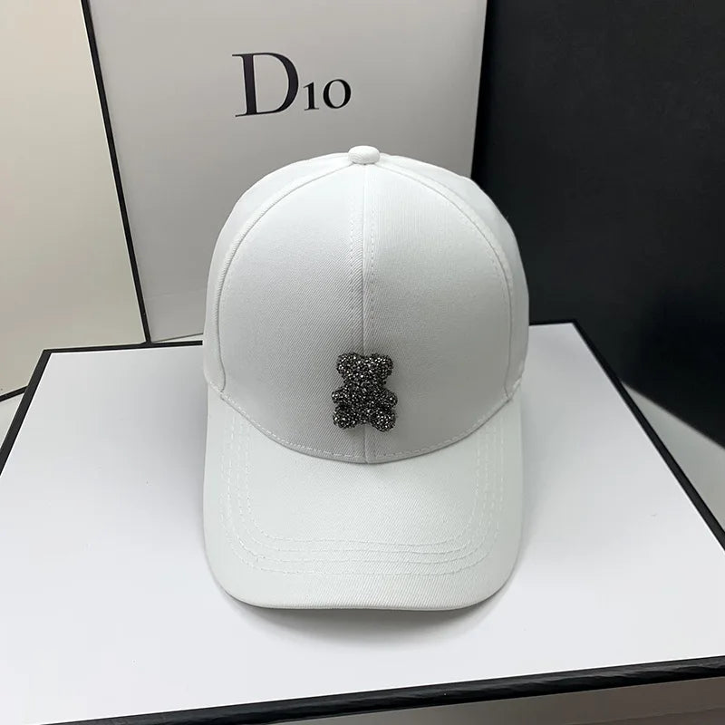 Korean Style Summer Rhinestone Baseball Cap for Women - Wild Bear Design Sun Hat for Casual Outdoor Hip Hop Fashion.