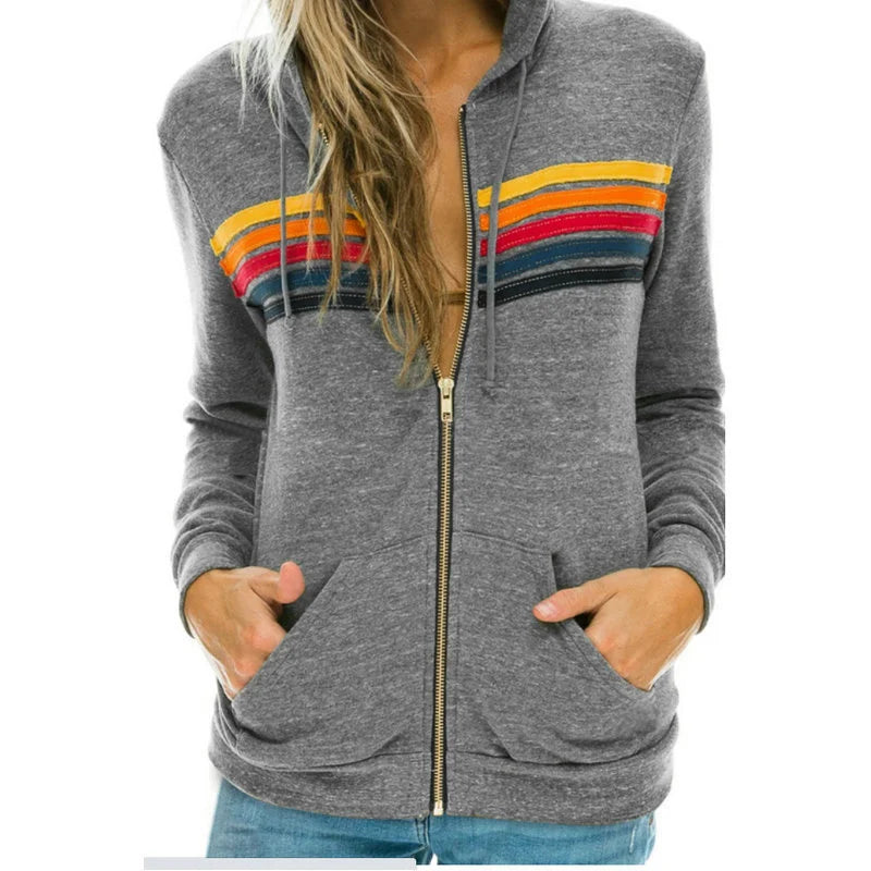 2025 Women Men Zipper Rainbow Long Sleeve Hooded Sweatershirt Harajuku Elastic Hip Hop 5 Stripe Hoodies Jacket.