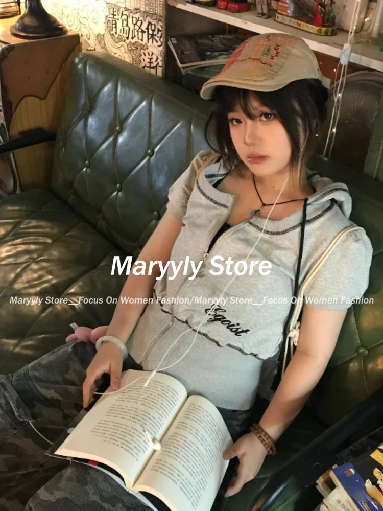 American Retro Hooded T-shirt Women 2000s Vintage Slim Y2k Crop Tops 2024 Summe Harajuku Streetwear Short Sleeve Tees Shirts New.