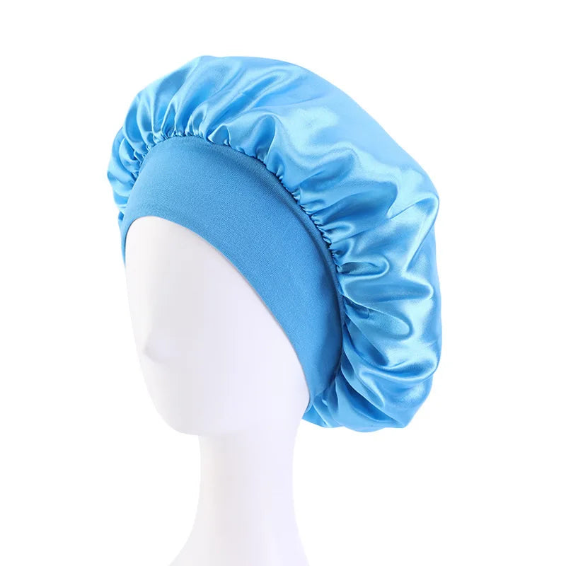 Satin Solid Wide-Brimmed Unisex Sleeping Hat - Elastic Band Hair Care Bonnet for Night Use.