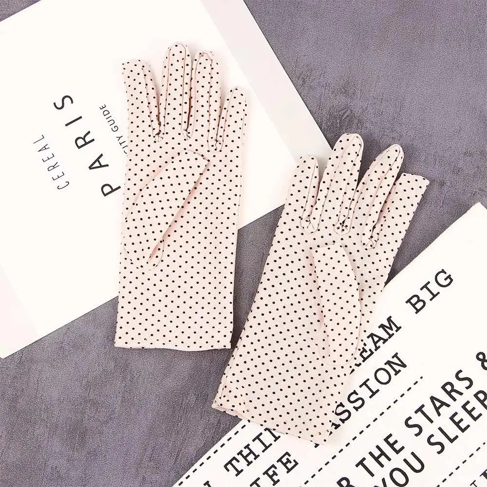 Fashionable Women's Spandex Driving Gloves for Summer Sunscreen Protection with Dots Design.