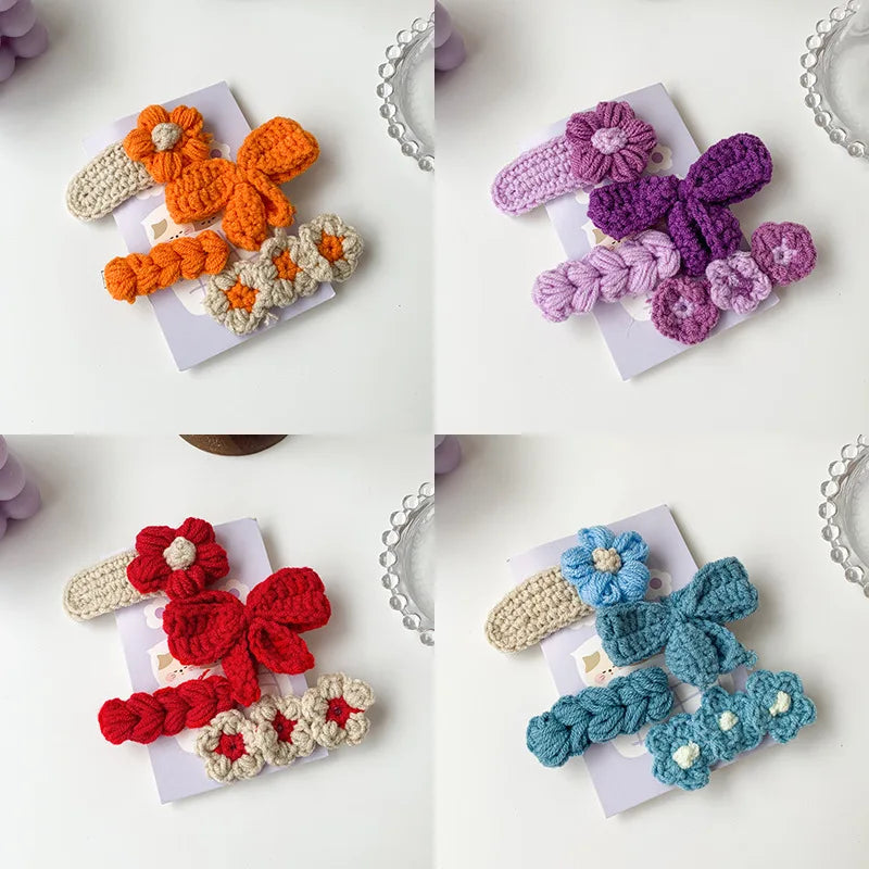 Handcrafted Woolen Knitted Bow Hairpins for Girls - Cute Floral BB Clip Barrettes for Autumn and Winter Hair Accessories.