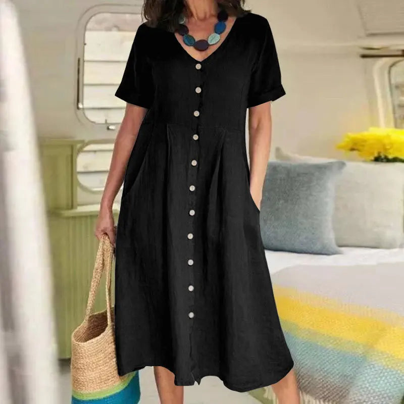 Women's Clothing Summer Casual V Neck Short Sleeve Cotton Linen Midi Dress Solid Loose High Waist Elegant Party Dresses Vestidos - Elevate Your Body